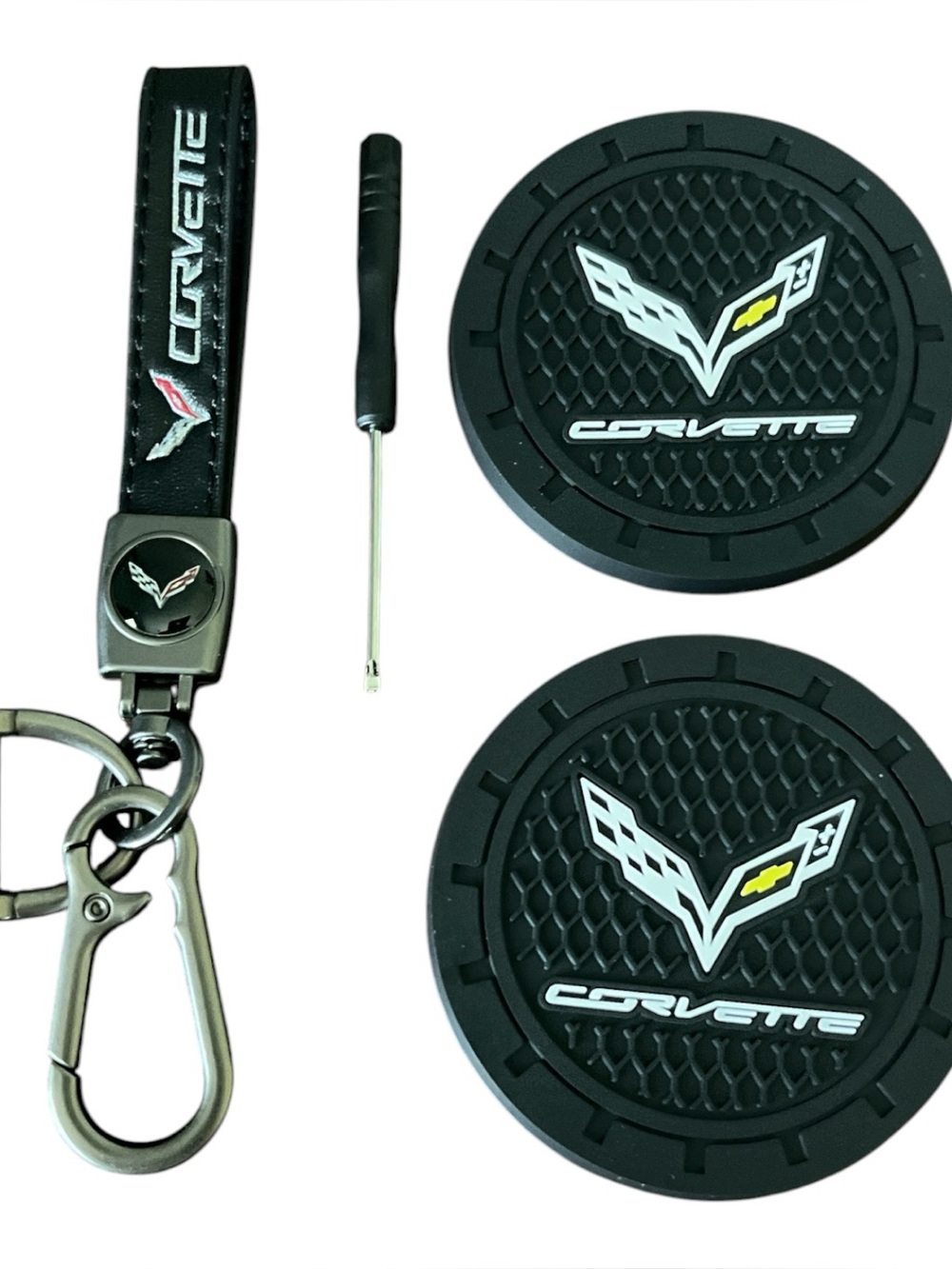 Corvette Black Keychain & Car Coaster (2 pc) Accessories Set
